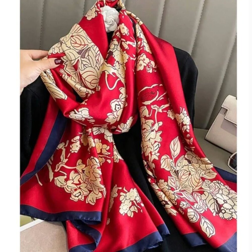 Beautiful  Red Soft Silk Feeling Floral Scarf Wrap